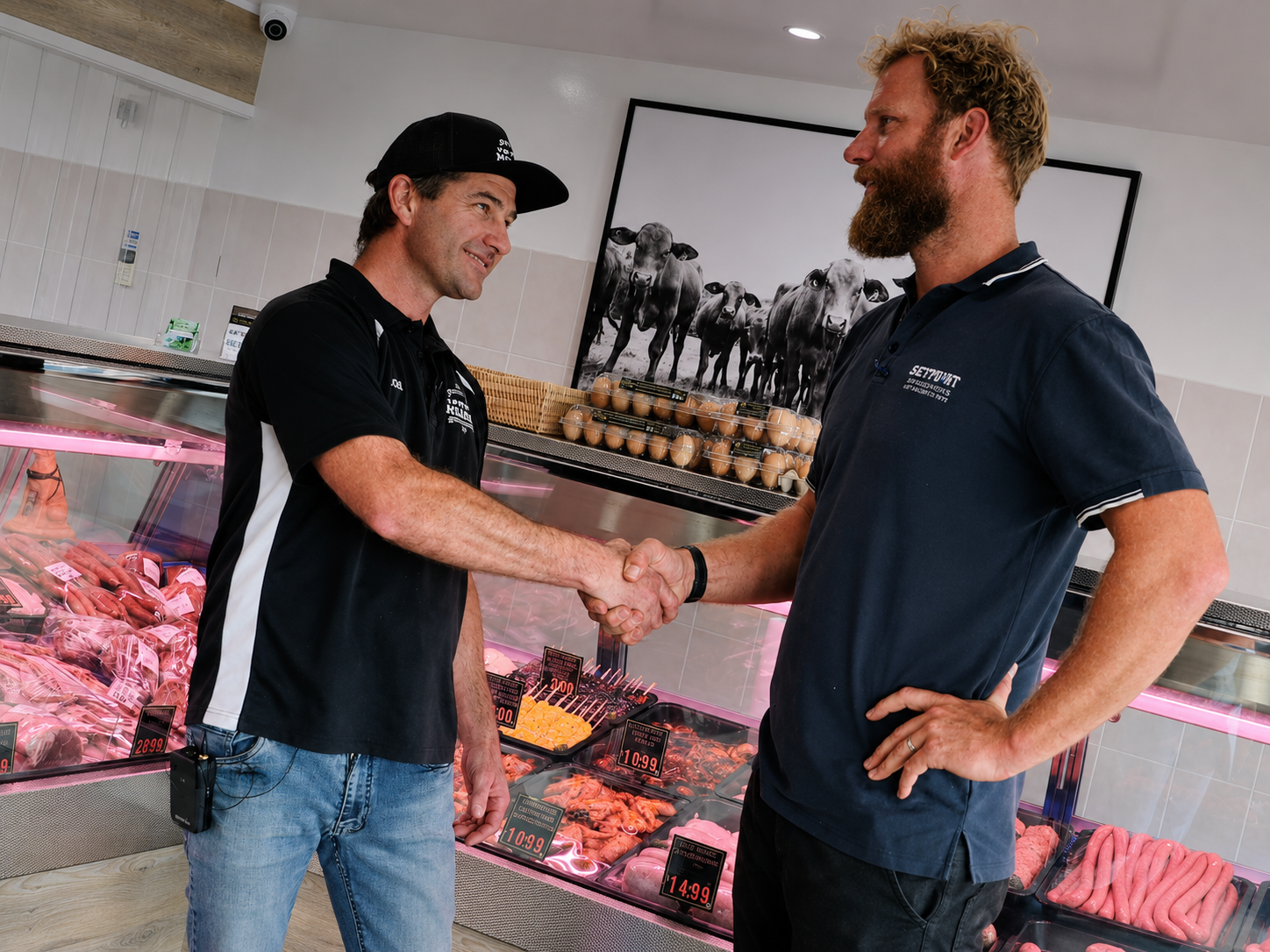 SETPOINT and the Mt Ninderry Meats owner shaking hands in front of the butcher display cabinets
