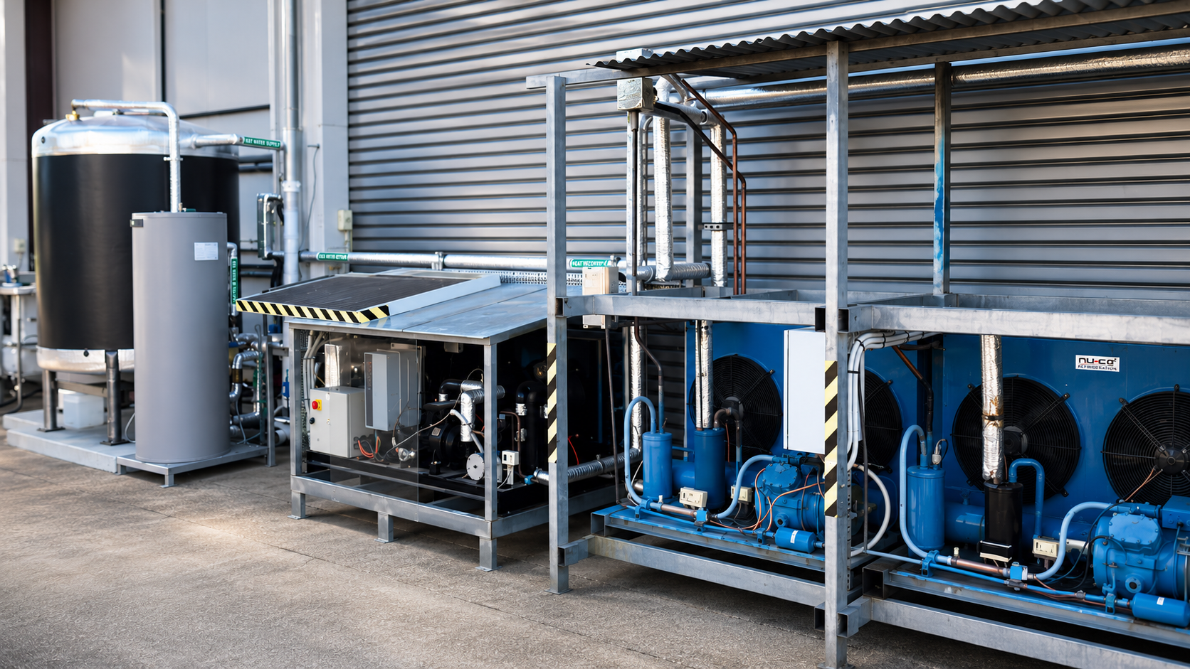 A SETPOINT refrigeration plant with heat-recovery hot-water tanks on the left and condensing units