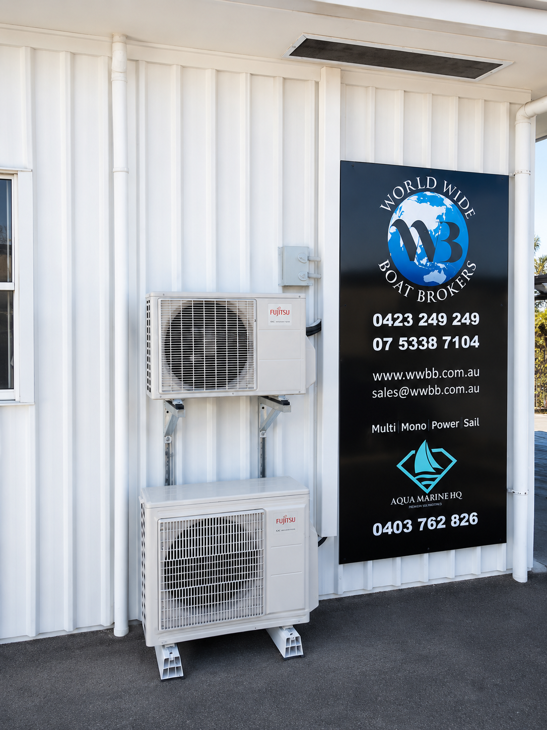 The new Fujitsu 7.1kW reverse cycle inverter unit installed at World Wide Boat Brokers