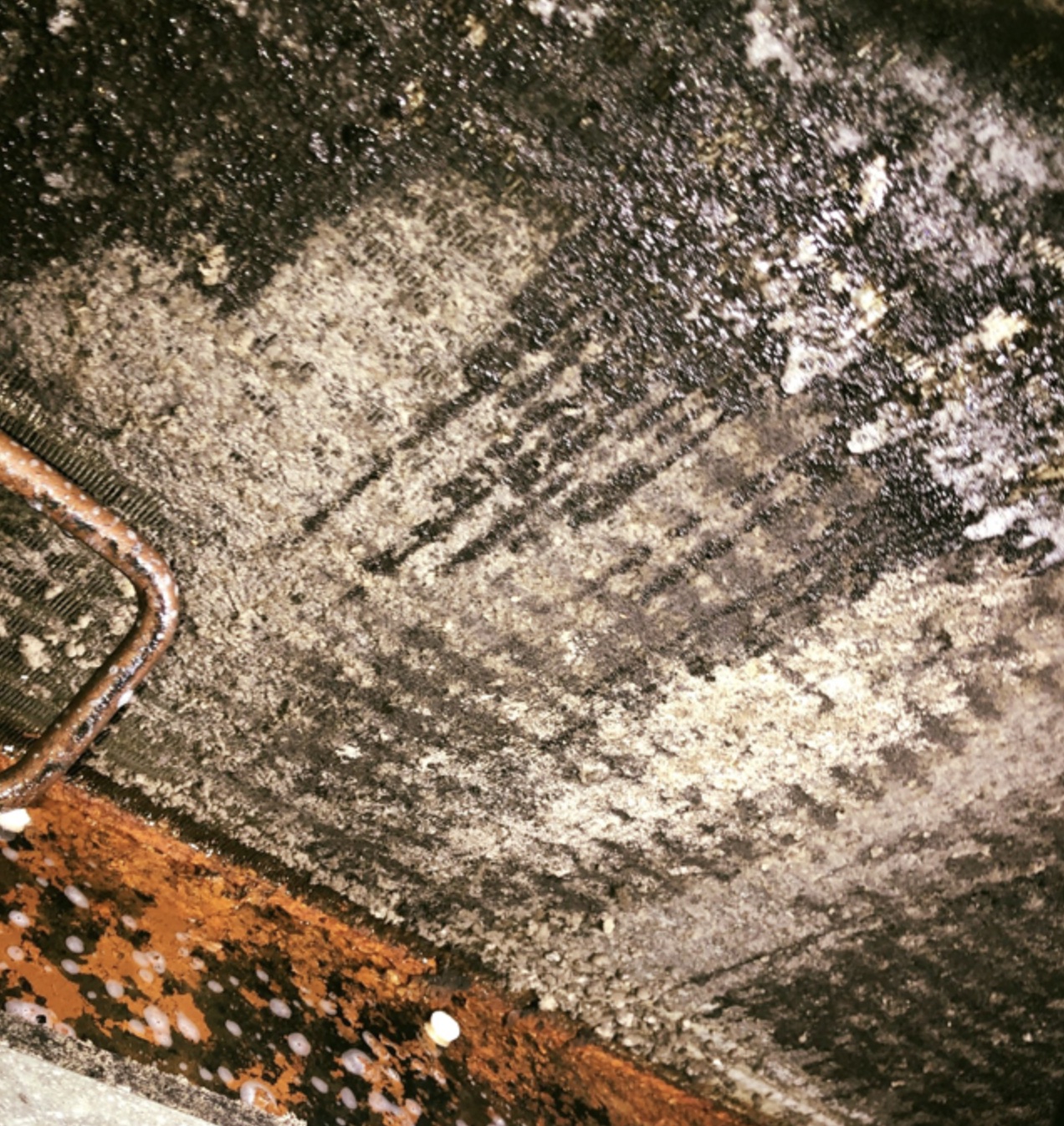 A heavily fouled air conditioning evaporator coil — the result of skipped maintenance