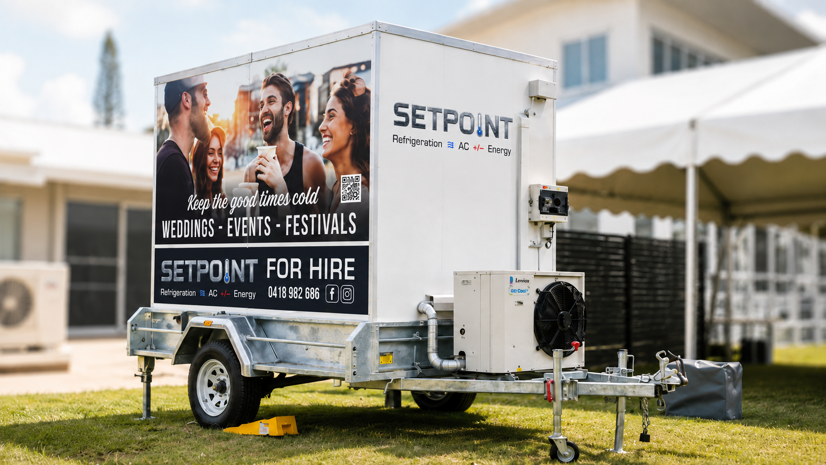 SETPOINT mobile refrigeration trailer lit with festoon lighting at a night-time event