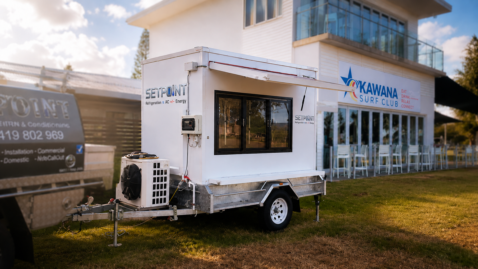 SETPOINT mobile party coldroom trailer set up on grass at Kawana Surf Club