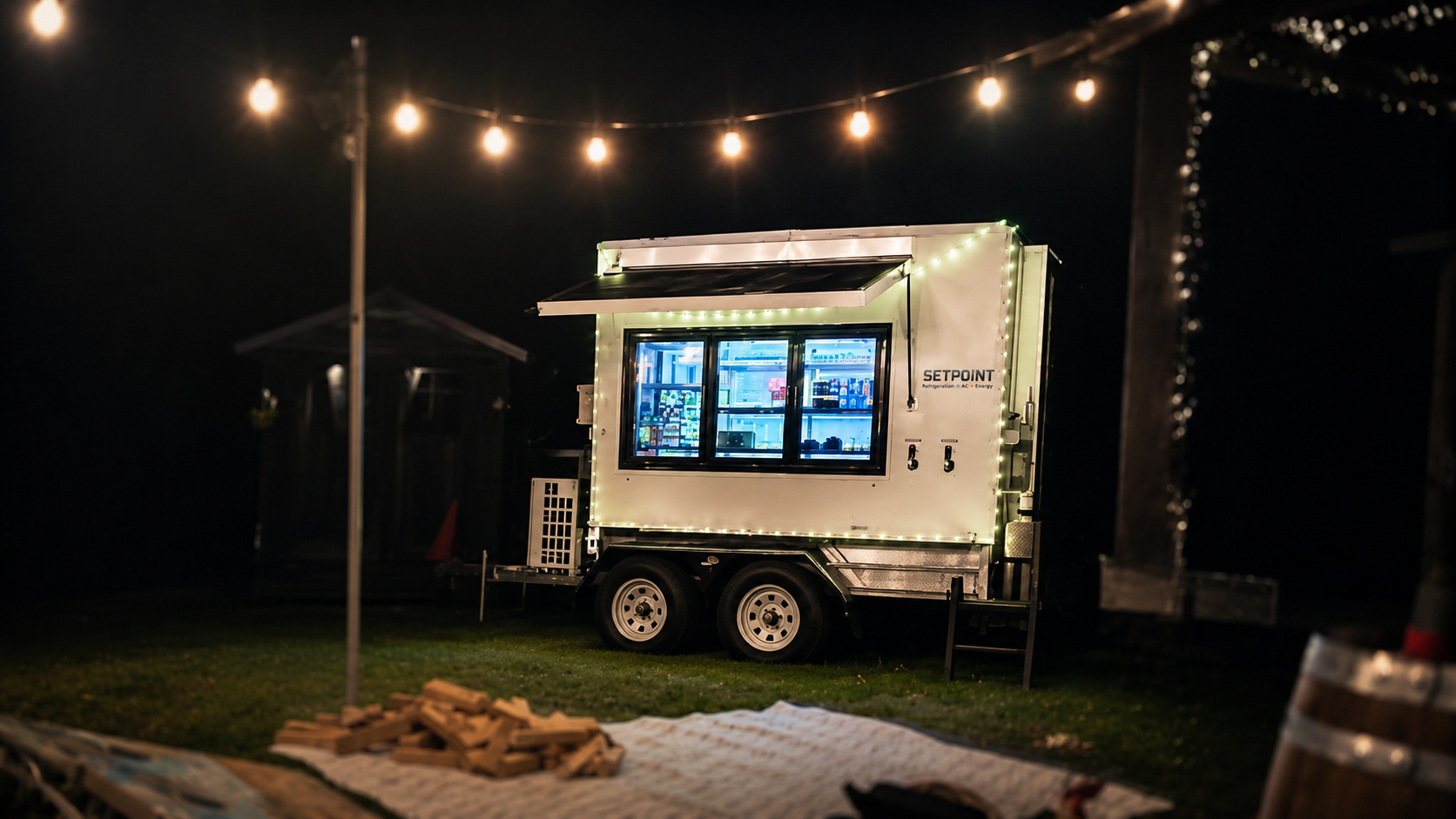 SETPOINT party coldroom lit up with festoon lighting at a night-time event, glass doors glowing