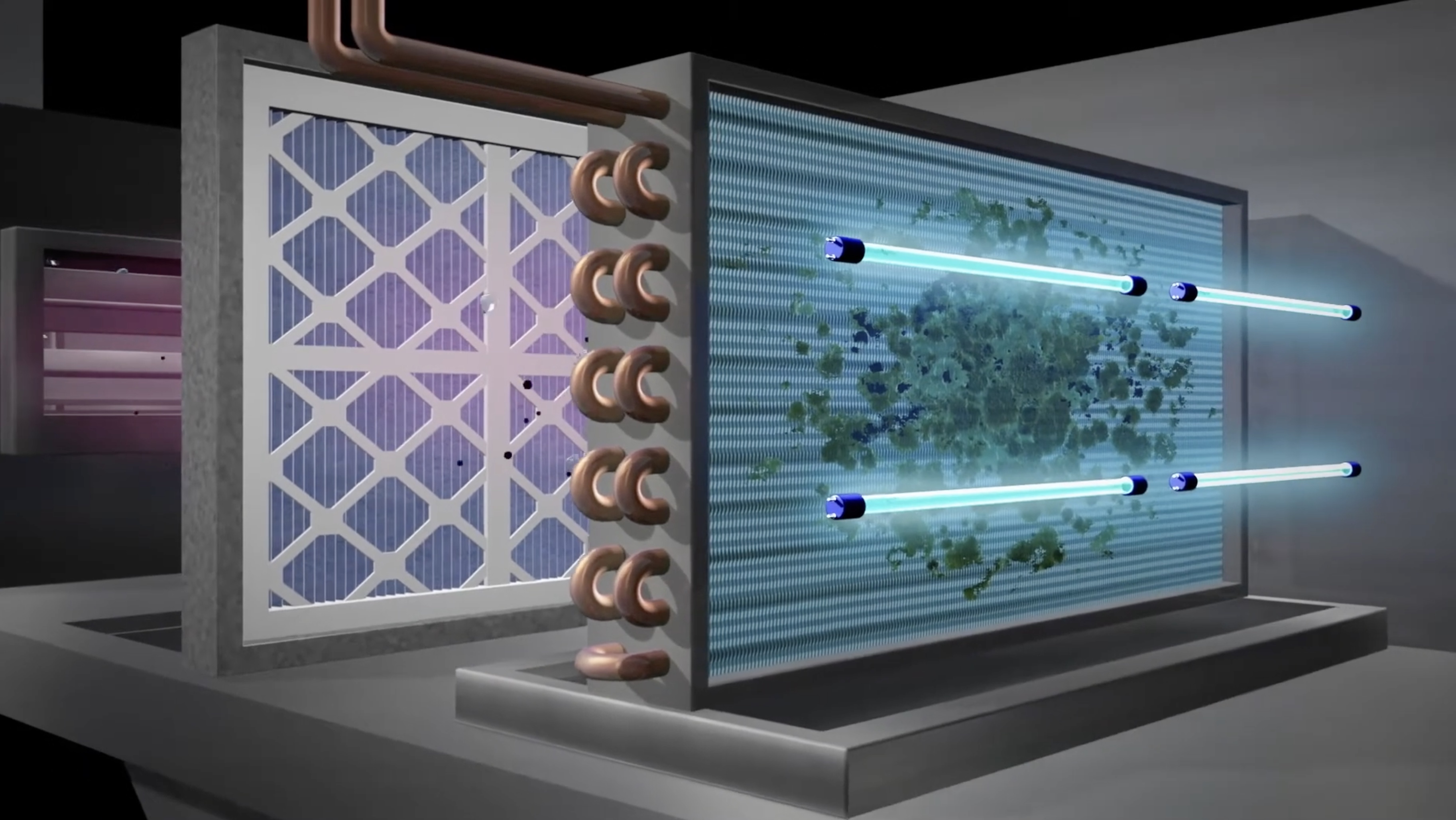 An evaporator coil with mould and biological build-up, before UVC