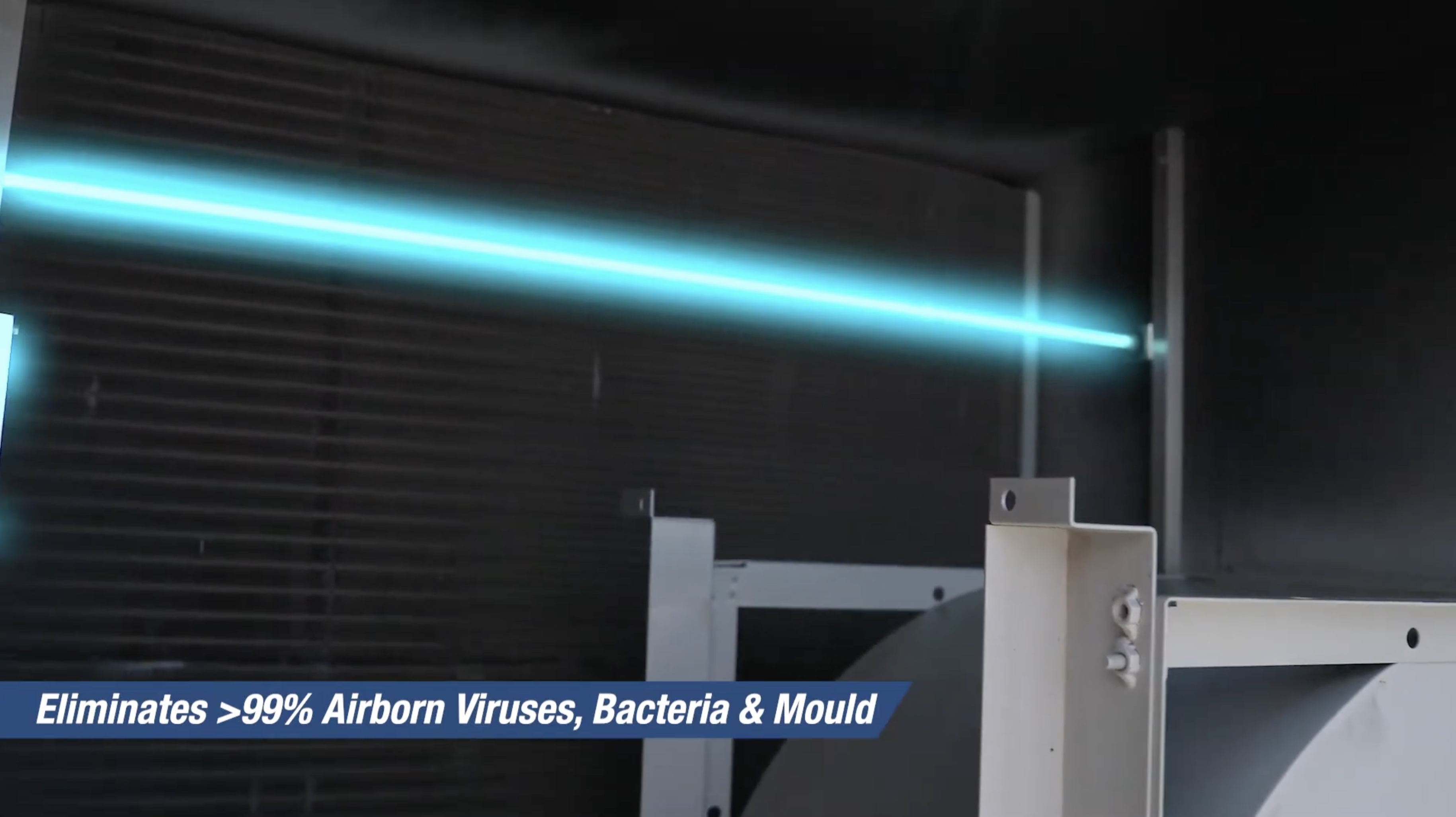 A UVC Emitter tube operating inside an air handling system — eliminates over 99% of airborne viruses, bacteria and mould